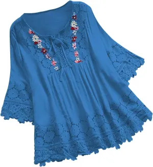 Dgoopd 3/4 Length Sleeve Womens Tops Oversized Cotton Tee Shirts Embroidered Floral Lace V Neck T-Shirt Summer Trendy Blouses
