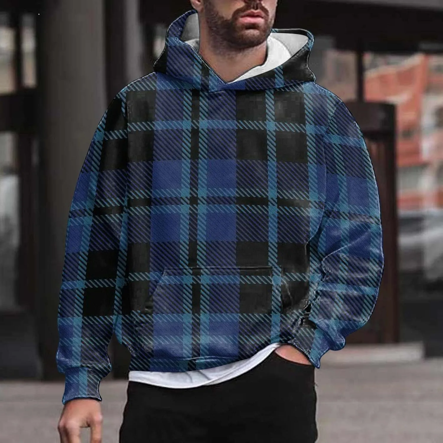DuDubaby Mens Fleece Hoodies Men Solid Check Pullover Long Sleeve Hooded Sweatshirt Tops Hoodies Pullover
