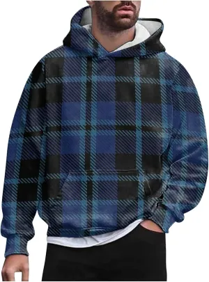 DuDubaby Mens Fleece Hoodies Men Solid Check Pullover Long Sleeve Hooded Sweatshirt Tops Hoodies Pullover