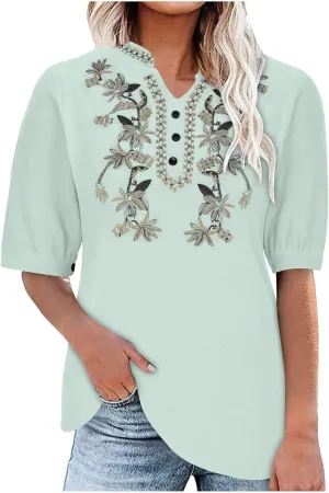 Embroidered Cotton Linen Peasant Tops Women 2025 Elegant Tees Dressy Casual Blouse Short Sleeve V Neck Tunic Pullover
