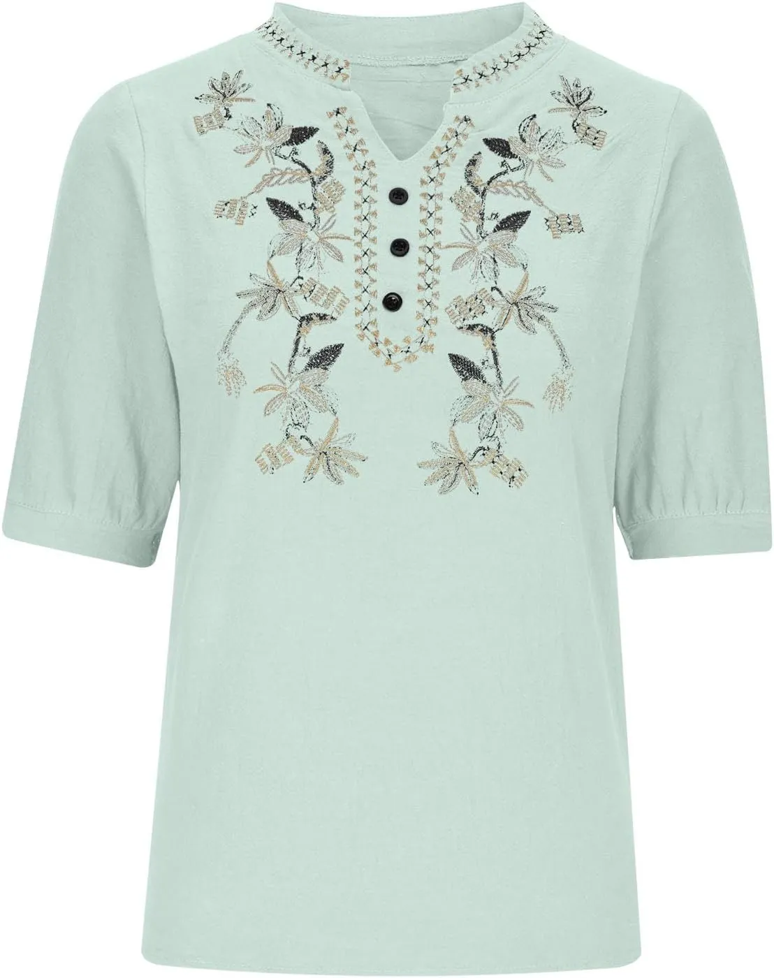 Embroidered Cotton Linen Peasant Tops Women 2025 Elegant Tees Dressy Casual Blouse Short Sleeve V Neck Tunic Pullover