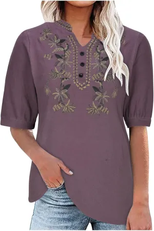 Embroidered Cotton Linen Peasant Tops Women 2025 Elegant Tees Dressy Casual Blouse Short Sleeve V Neck Tunic Pullover
