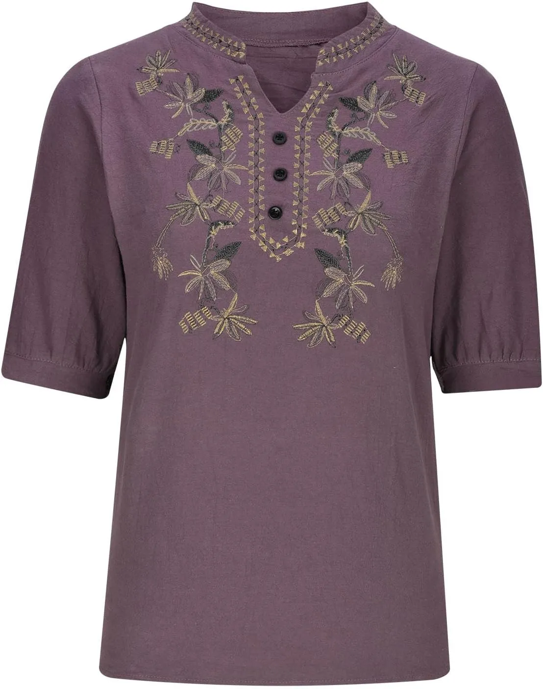 Embroidered Cotton Linen Peasant Tops Women 2025 Elegant Tees Dressy Casual Blouse Short Sleeve V Neck Tunic Pullover