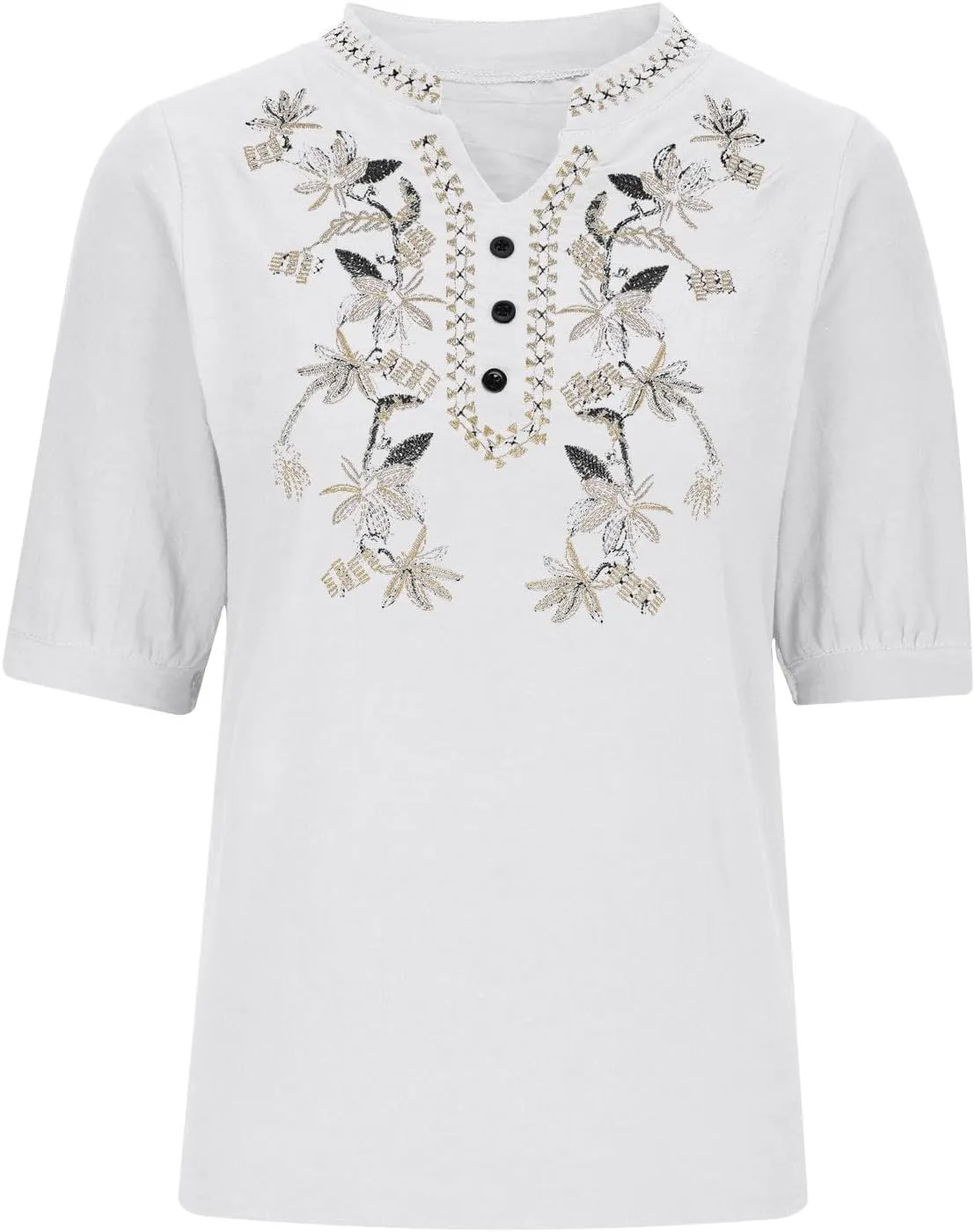 Embroidered Cotton Linen Peasant Tops Women 2025 Elegant Tees Dressy Casual Blouse Short Sleeve V Neck Tunic Pullover