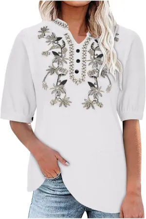 Embroidered Cotton Linen Peasant Tops Women 2025 Elegant Tees Dressy Casual Blouse Short Sleeve V Neck Tunic Pullover