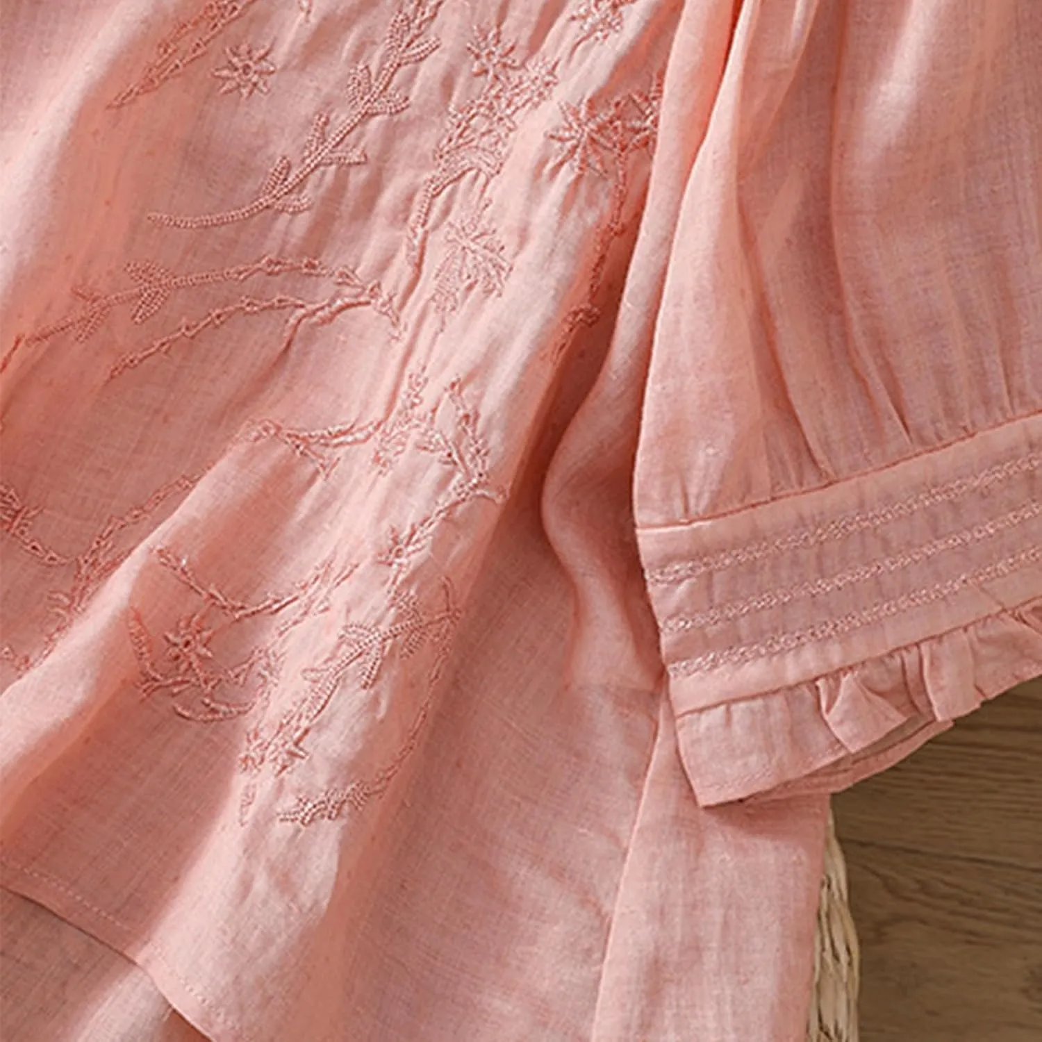 Embroidered Linen Shirts for Women 2025 Summer 3/4 Sleeve Boho Peasant Tops Vintage Crew Neck Blouses Tees Tunics