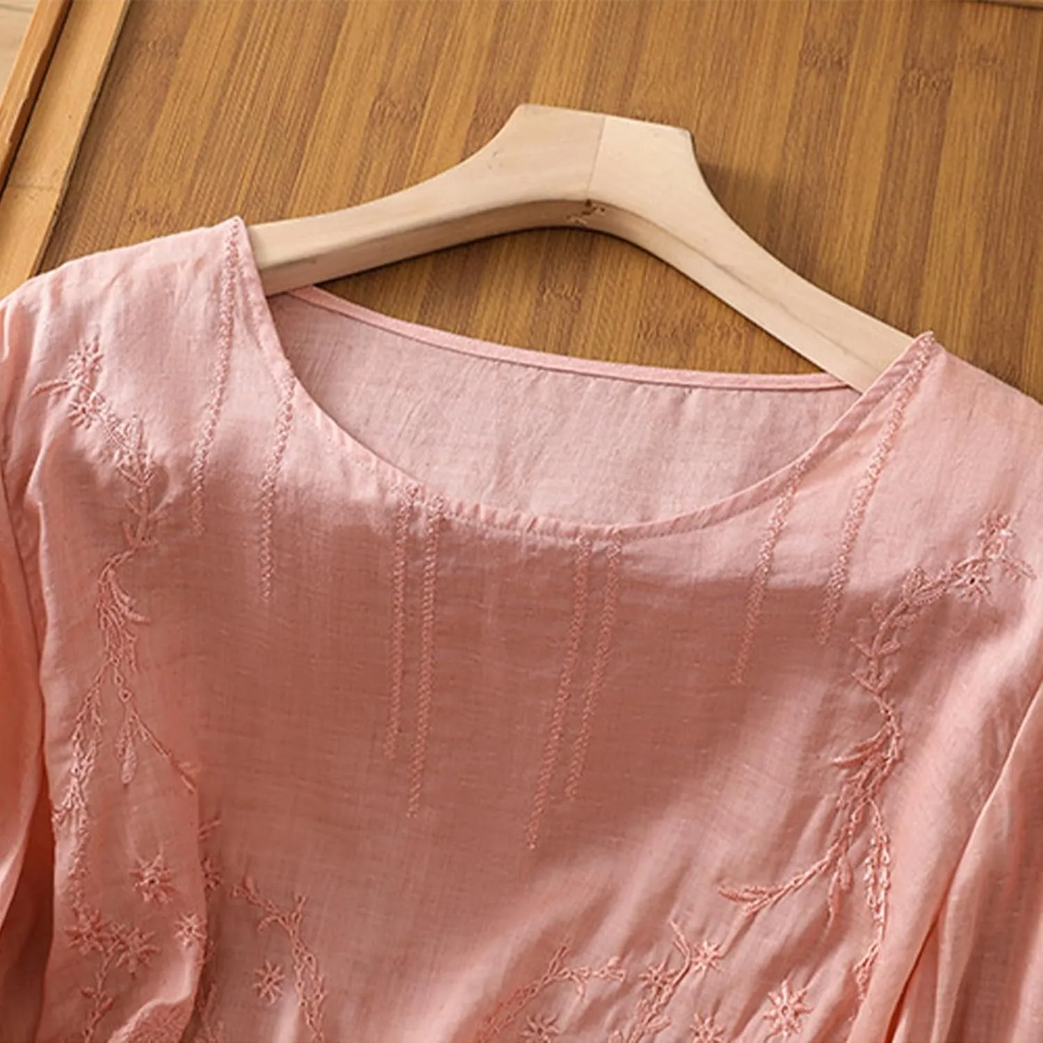 Embroidered Linen Shirts for Women 2025 Summer 3/4 Sleeve Boho Peasant Tops Vintage Crew Neck Blouses Tees Tunics