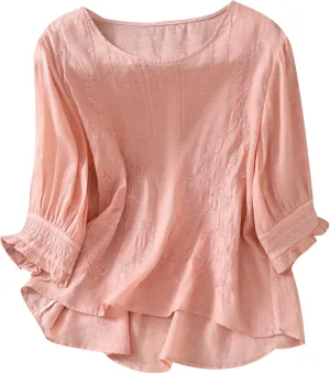 Embroidered Linen Shirts for Women 2025 Summer 3/4 Sleeve Boho Peasant Tops Vintage Crew Neck Blouses Tees Tunics