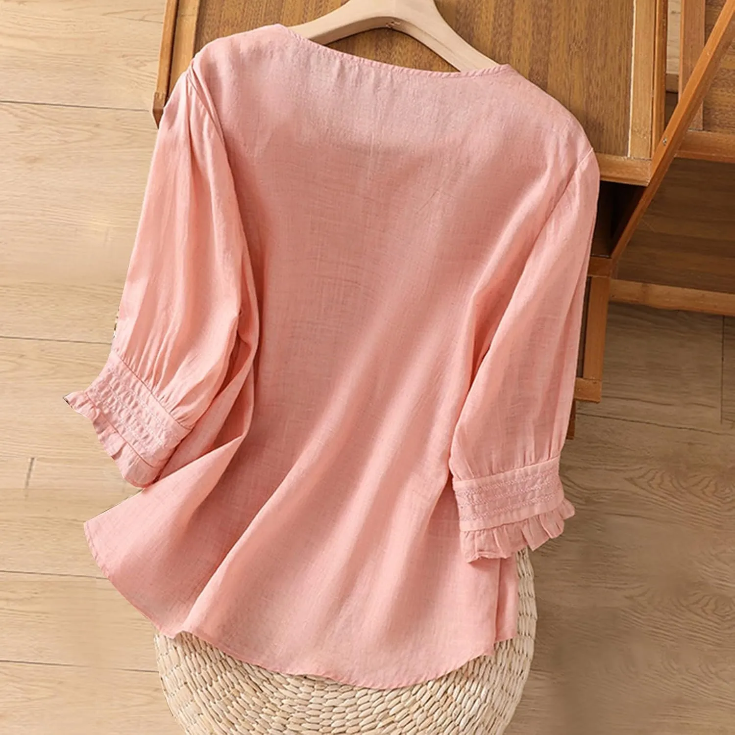 Embroidered Linen Shirts for Women 2025 Summer 3/4 Sleeve Boho Peasant Tops Vintage Crew Neck Blouses Tees Tunics