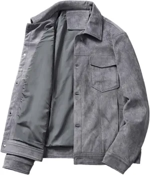 Fashion Leisure Trucker Jacket for Men Slim Fit Faux Suede Leather Jackets Classic Lapel Collar Outerwear Winter Coat