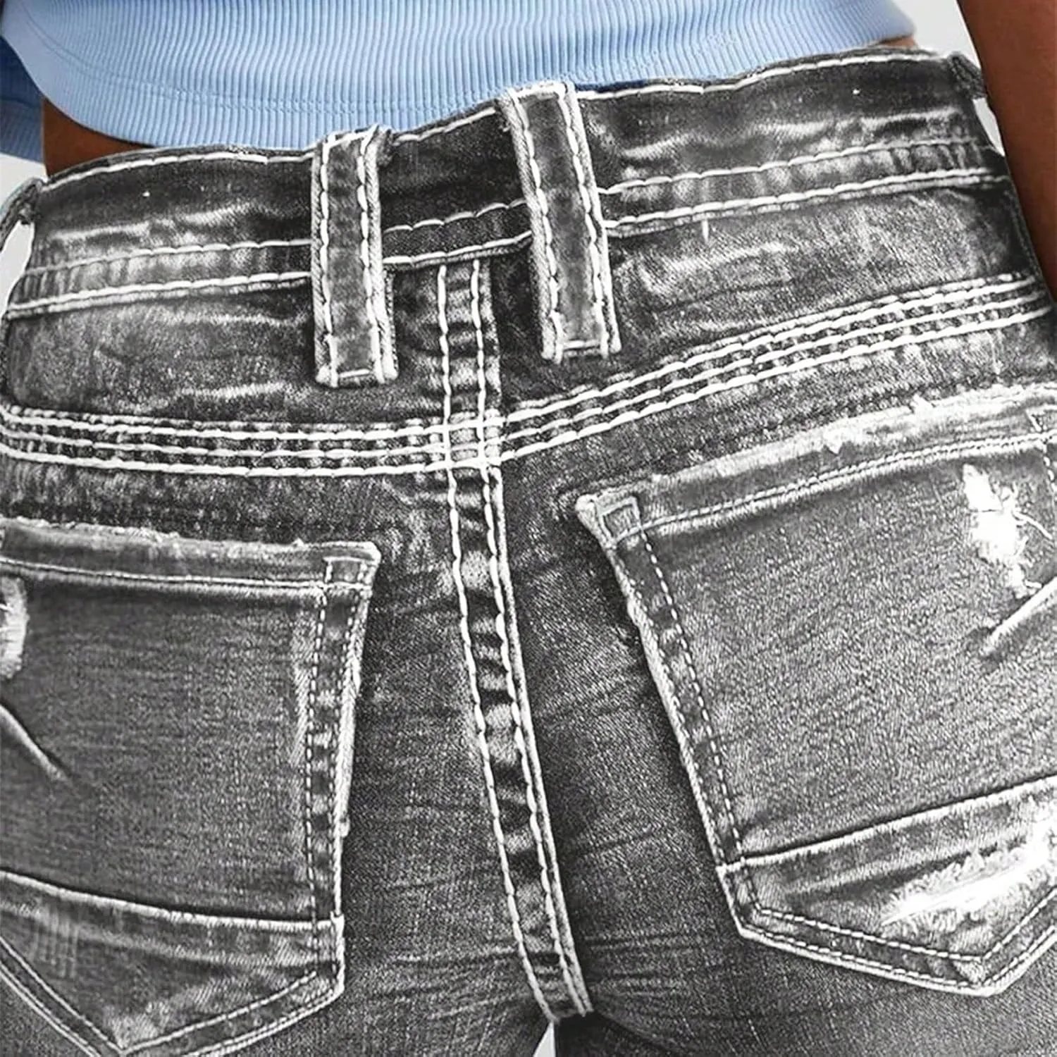Flare Jeans for Women High Waist Denim Distressed Elastic Pull on Bootcut Button Beach Bell Bottom Jeans with Pockets