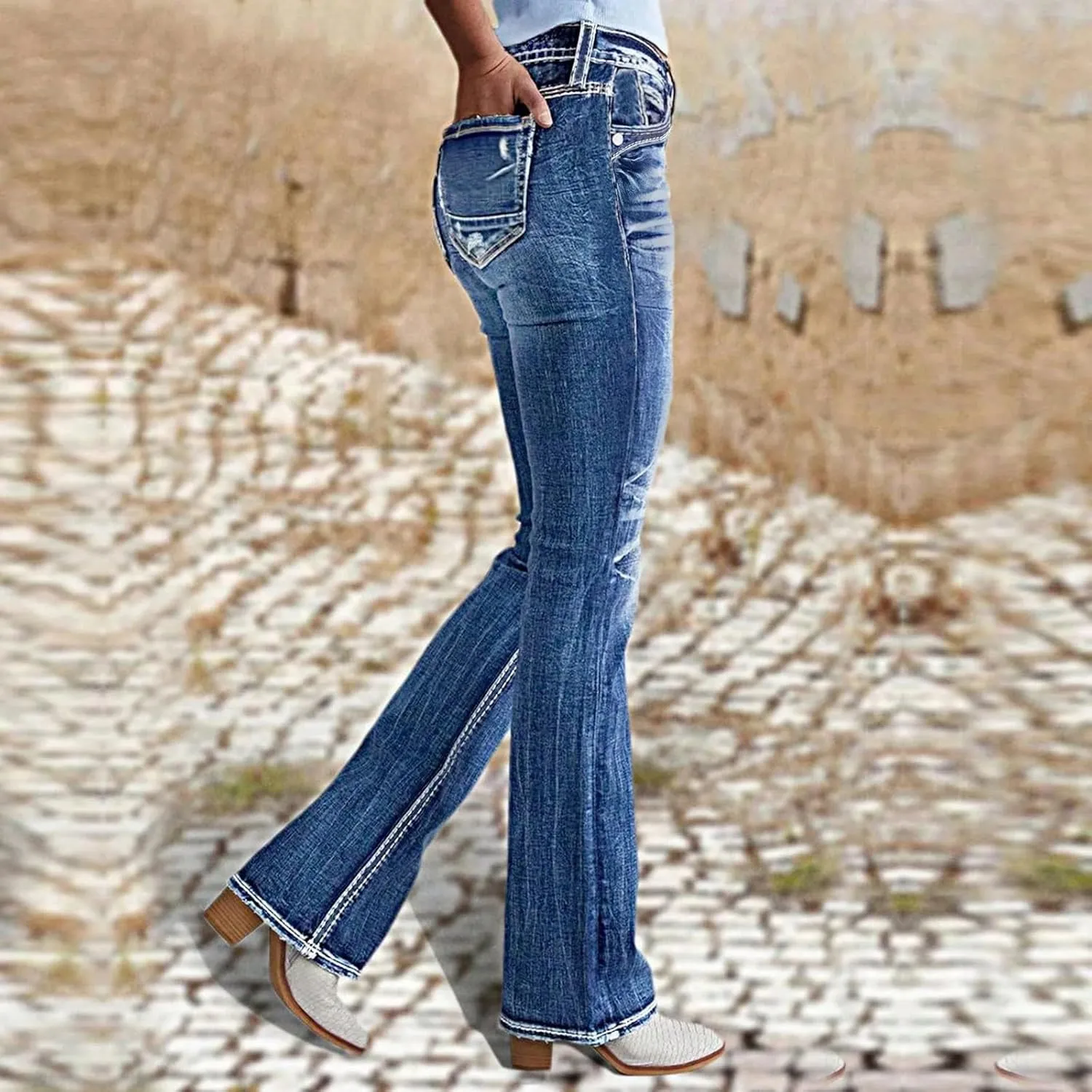 Flare Jeans for Women High Waist Denim Distressed Elastic Pull on Bootcut Button Beach Bell Bottom Jeans with Pockets