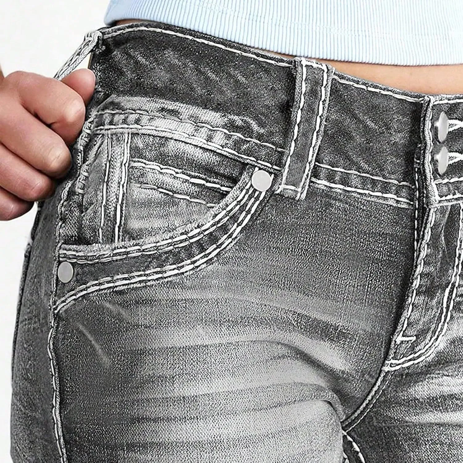 Flare Jeans for Women High Waist Denim Distressed Elastic Pull on Bootcut Button Beach Bell Bottom Jeans with Pockets