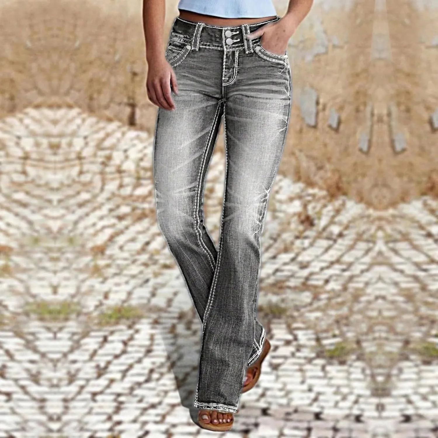 Flare Jeans for Women High Waist Denim Distressed Elastic Pull on Bootcut Button Beach Bell Bottom Jeans with Pockets