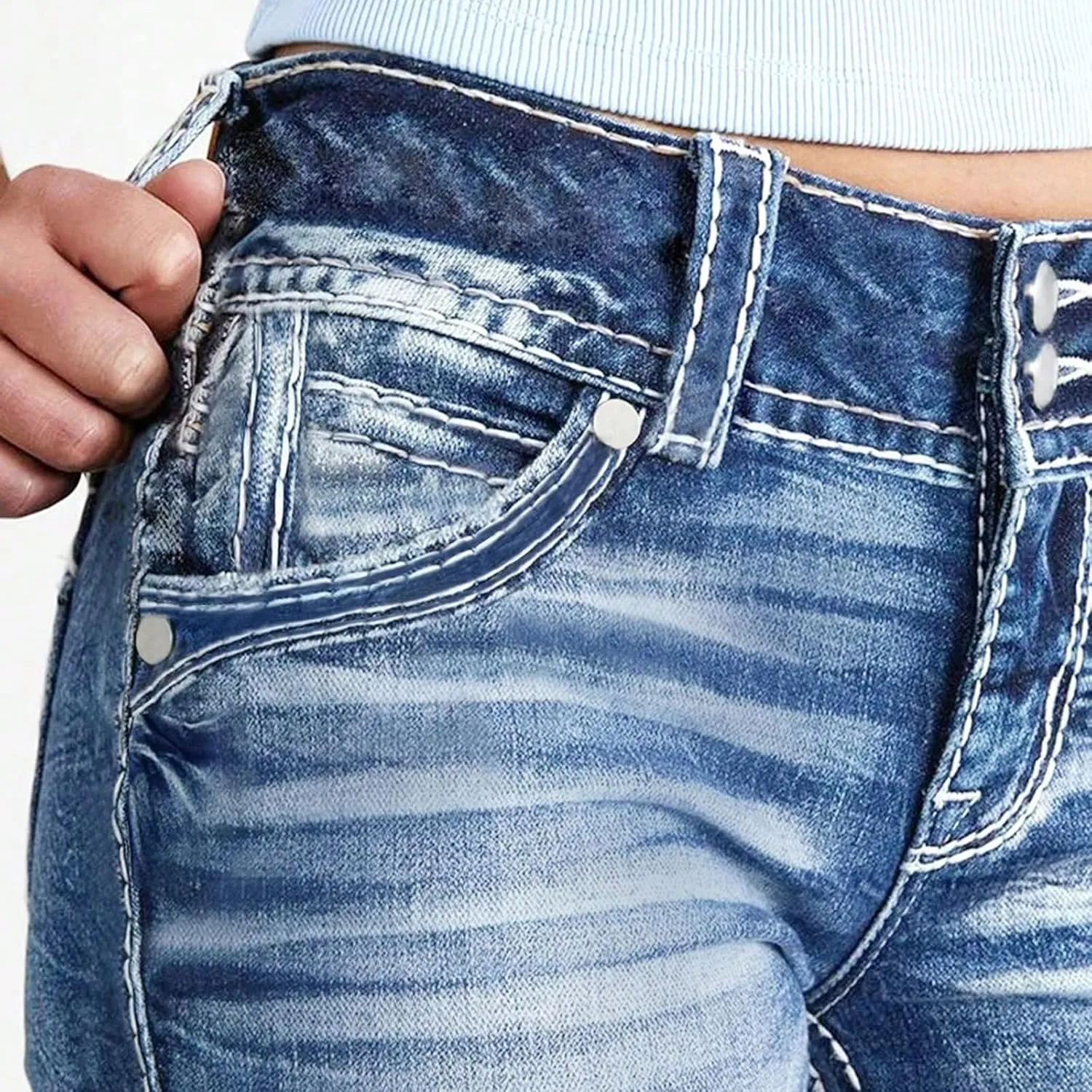 Flare Jeans for Women High Waist Denim Distressed Elastic Pull on Bootcut Button Beach Bell Bottom Jeans with Pockets