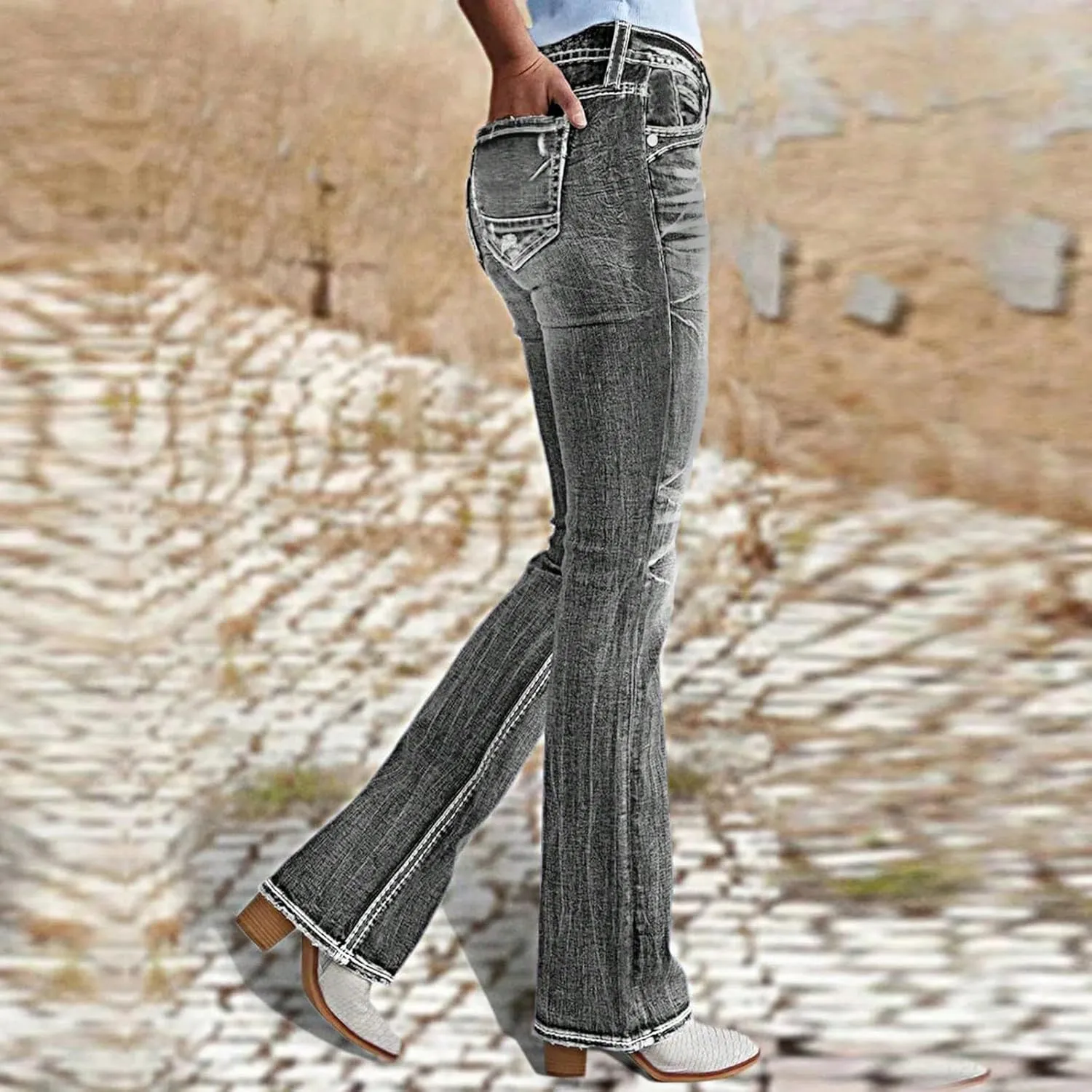 Flare Jeans for Women High Waist Denim Distressed Elastic Pull on Bootcut Button Beach Bell Bottom Jeans with Pockets