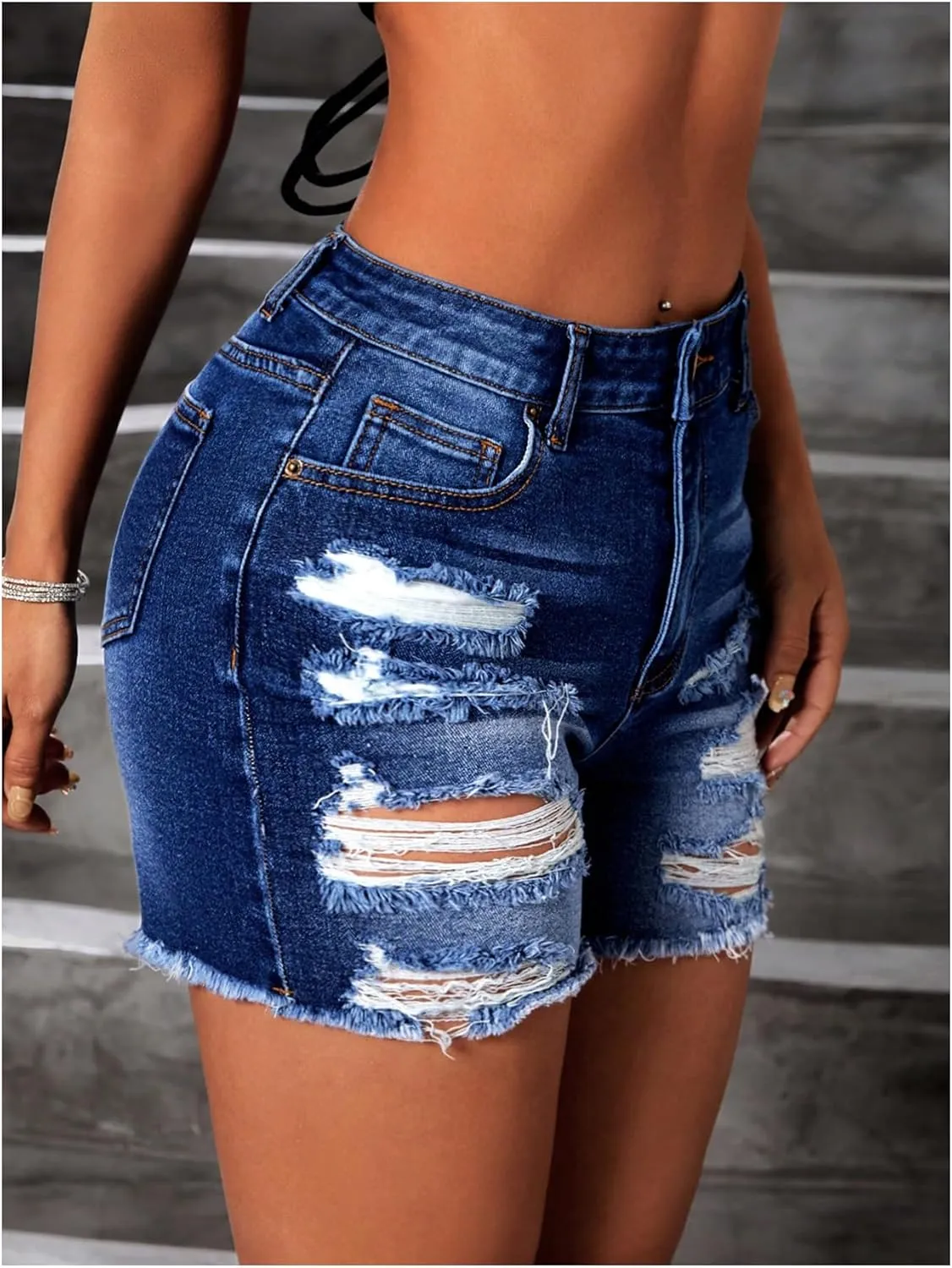 Floerns Women's Ripped Raw Hem High Waisted Distressed Denim Shorts
