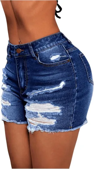 Floerns Women's Ripped Raw Hem High Waisted Distressed Denim Shorts