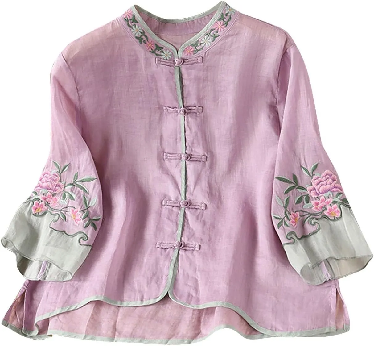 Floral Embroidered Tops Cotton Linen Shirt 2025 Summer Chinese Frog Button Tees 3/4 Sleeve Casual Boho Peasant Blouse