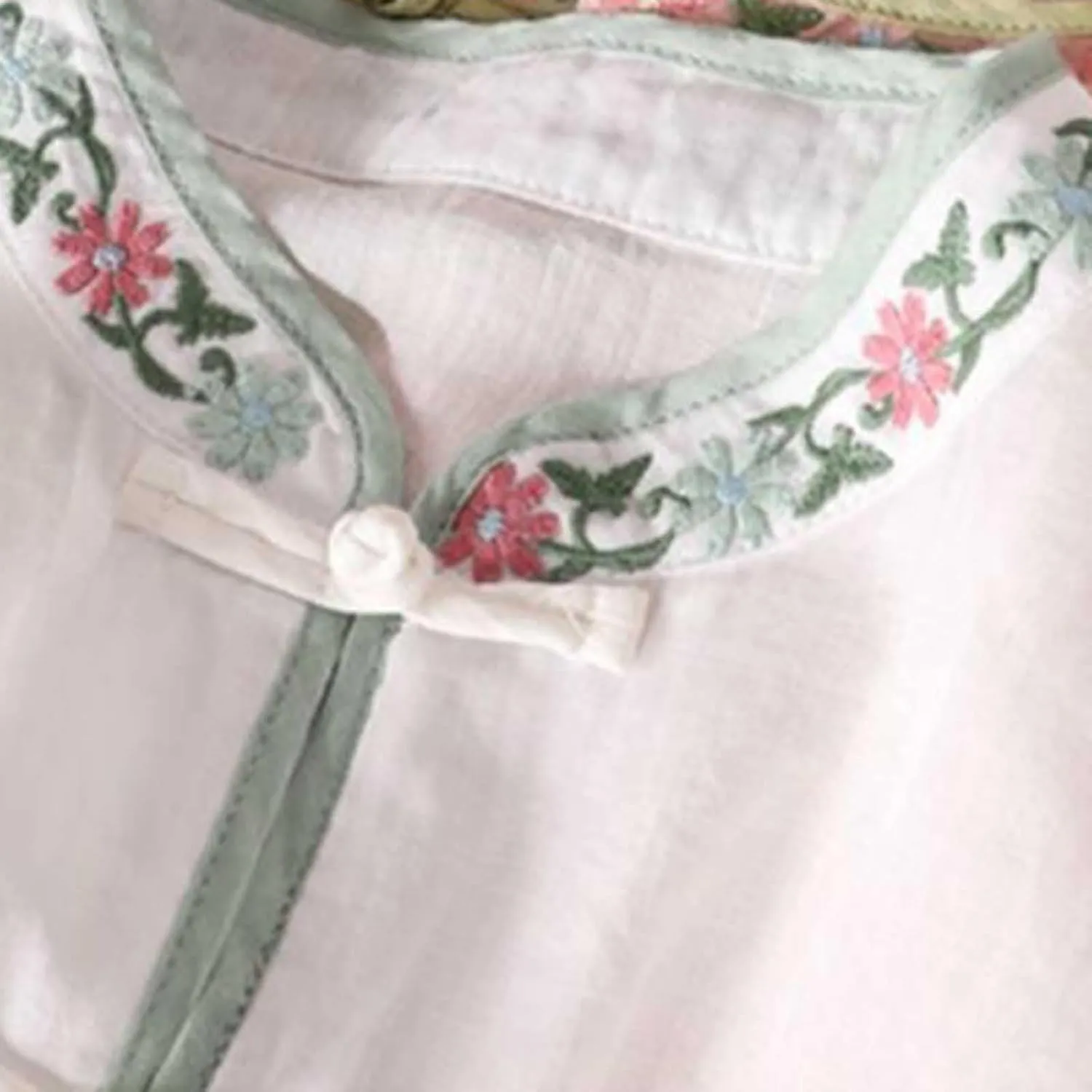 Floral Embroidered Tops Cotton Linen Shirt 2025 Summer Chinese Frog Button Tees 3/4 Sleeve Casual Boho Peasant Blouse