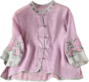 Floral Embroidered Tops Cotton Linen Shirt 2025 Summer Chinese Frog Button Tees 3/4 Sleeve Casual Boho Peasant Blouse
