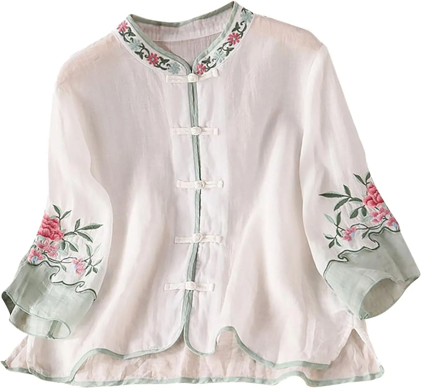 Floral Embroidered Tops Cotton Linen Shirt 2025 Summer Chinese Frog Button Tees 3/4 Sleeve Casual Boho Peasant Blouse