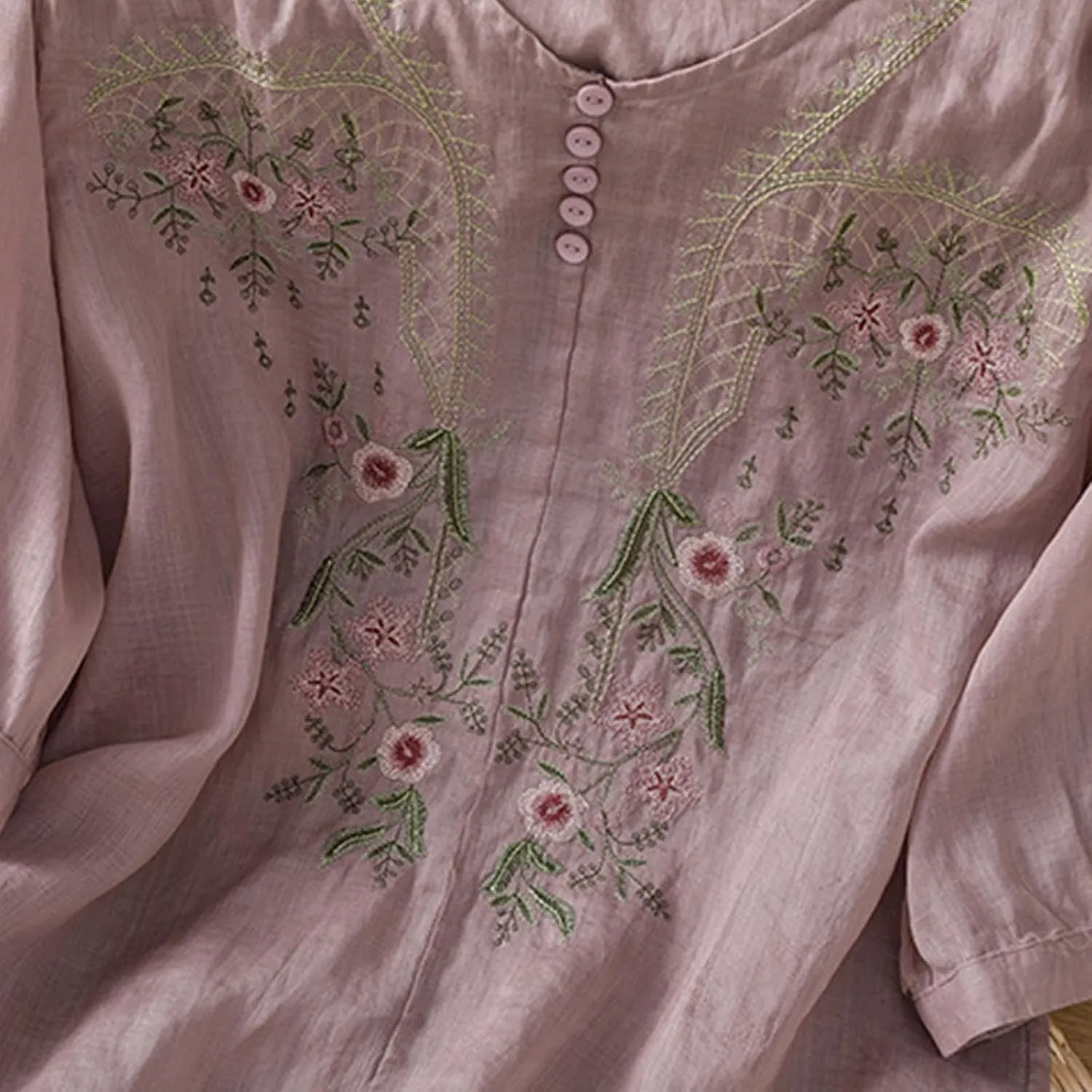 Floral Embroidered Tops Cotton Linen Shirts Boho Ethnic Style Peasant Tee Women 3/4 Sleeve V Neck Button Tunic Tshirt