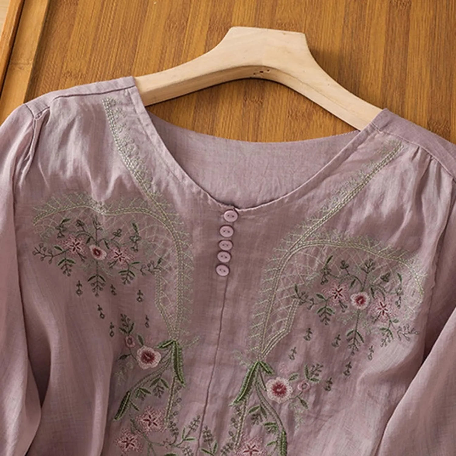 Floral Embroidered Tops Cotton Linen Shirts Boho Ethnic Style Peasant Tee Women 3/4 Sleeve V Neck Button Tunic Tshirt