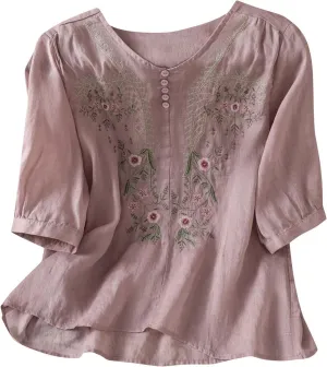 Floral Embroidered Tops Cotton Linen Shirts Boho Ethnic Style Peasant Tee Women 3/4 Sleeve V Neck Button Tunic Tshirt