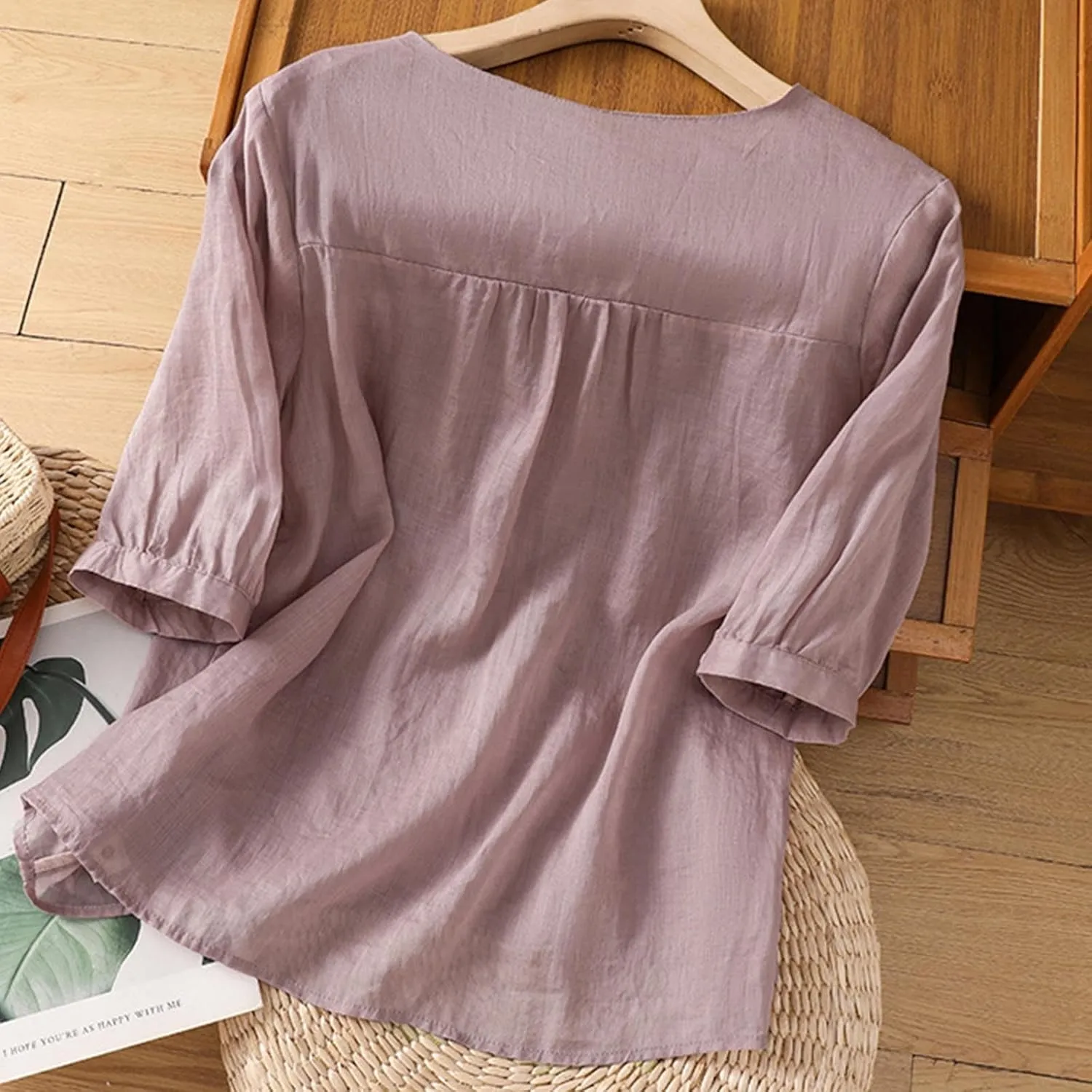 Floral Embroidered Tops Cotton Linen Shirts Boho Ethnic Style Peasant Tee Women 3/4 Sleeve V Neck Button Tunic Tshirt