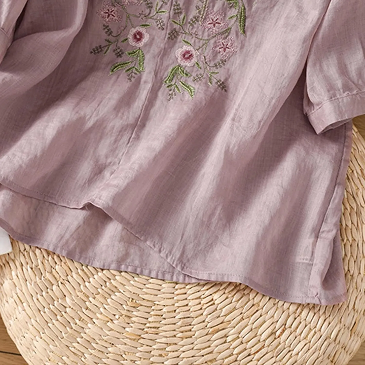 Floral Embroidered Tops Cotton Linen Shirts Boho Ethnic Style Peasant Tee Women 3/4 Sleeve V Neck Button Tunic Tshirt