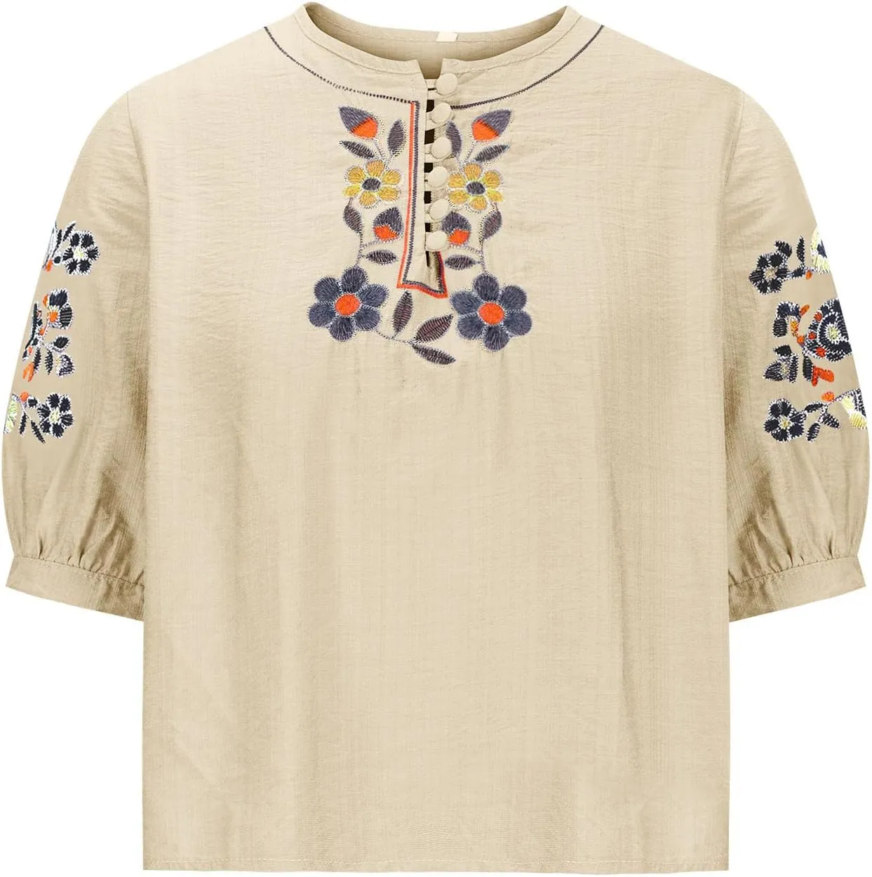 Floral Embroidery Top Cotton Linen Tee Boho Ethnic Style Peasant Shirt Summer Short Sleeve O-Neck Button Blouse Tunic