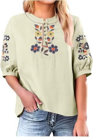 Floral Embroidery Top Cotton Linen Tee Boho Ethnic Style Peasant Shirt Summer Short Sleeve O-Neck Button Blouse Tunic