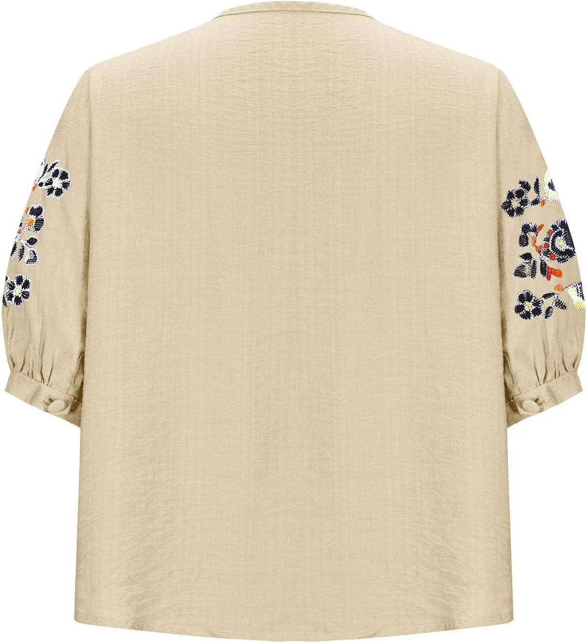 Floral Embroidery Top Cotton Linen Tee Boho Ethnic Style Peasant Shirt Summer Short Sleeve O-Neck Button Blouse Tunic