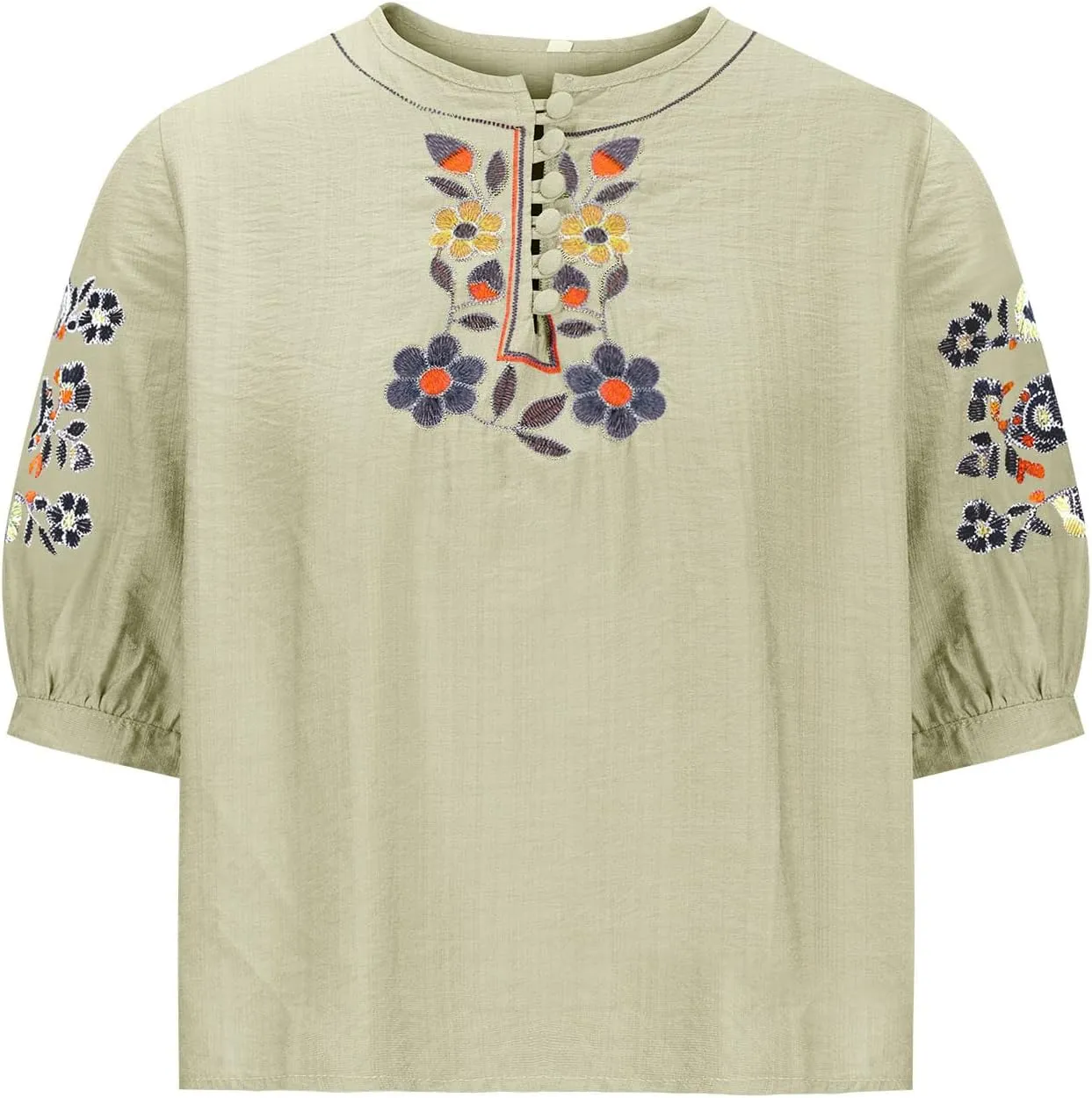 Floral Embroidery Top Cotton Linen Tee Boho Ethnic Style Peasant Shirt Summer Short Sleeve O-Neck Button Blouse Tunic
