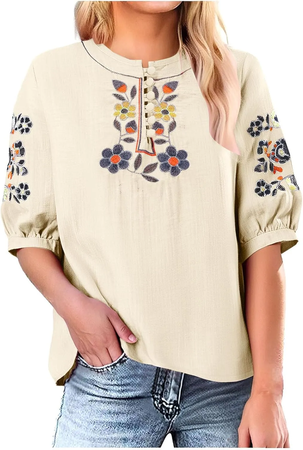 Floral Embroidery Top Cotton Linen Tee Boho Ethnic Style Peasant Shirt Summer Short Sleeve O-Neck Button Blouse Tunic