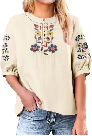 Floral Embroidery Top Cotton Linen Tee Boho Ethnic Style Peasant Shirt Summer Short Sleeve O-Neck Button Blouse Tunic