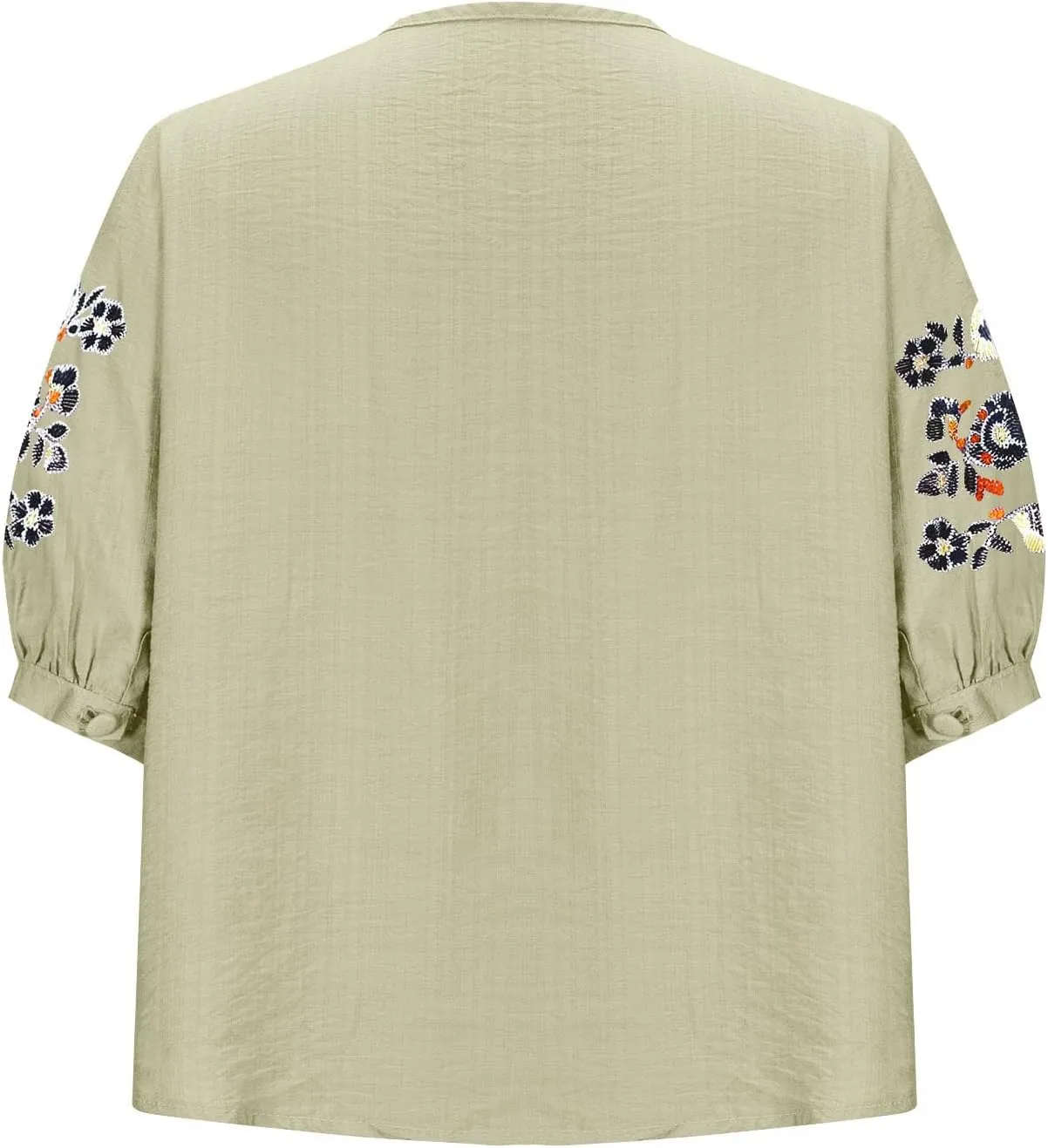 Floral Embroidery Top Cotton Linen Tee Boho Ethnic Style Peasant Shirt Summer Short Sleeve O-Neck Button Blouse Tunic