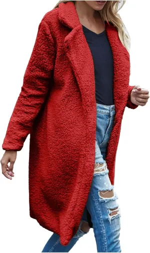 Fuzzy Fleece Jackets for Women Solid Color Long Sleeve Open Front Long Cardigans Jacket Trendy Lapel Oversized Coat