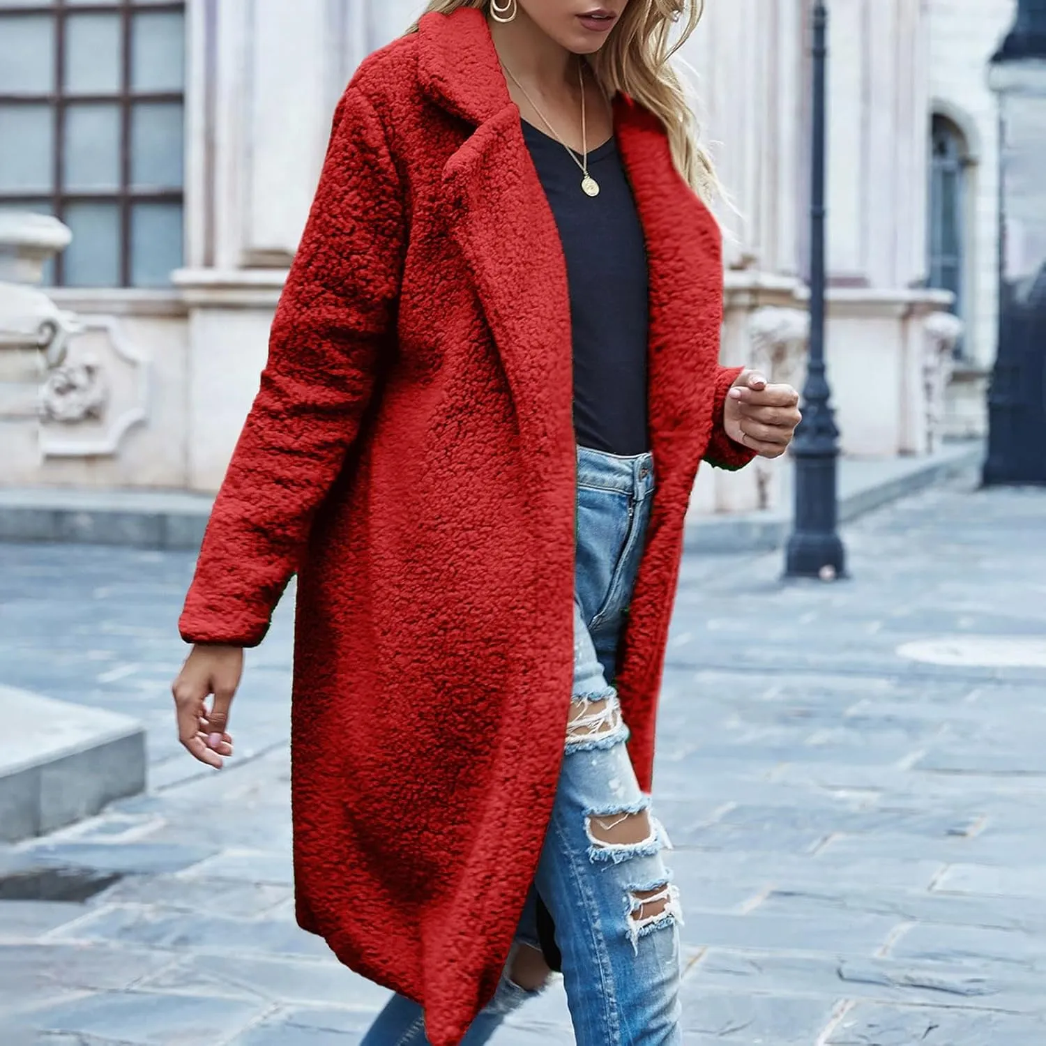 Fuzzy Fleece Jackets for Women Solid Color Long Sleeve Open Front Long Cardigans Jacket Trendy Lapel Oversized Coat