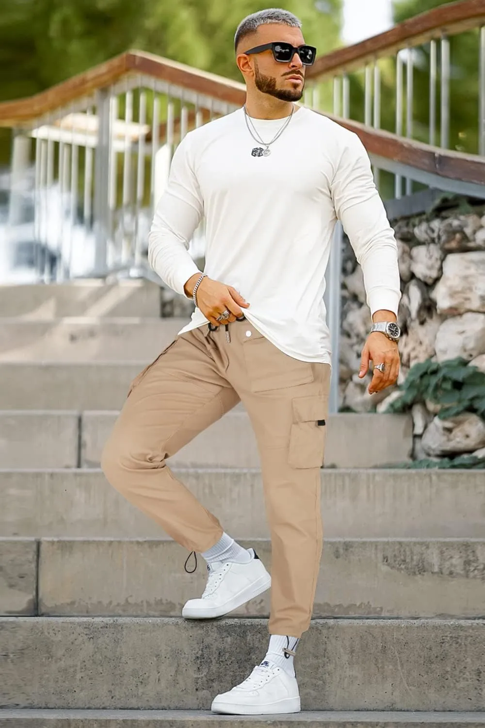 GINGTTO Men's Casual Cargo Pants Elastic Waist Camo Pants Hiking Joggers