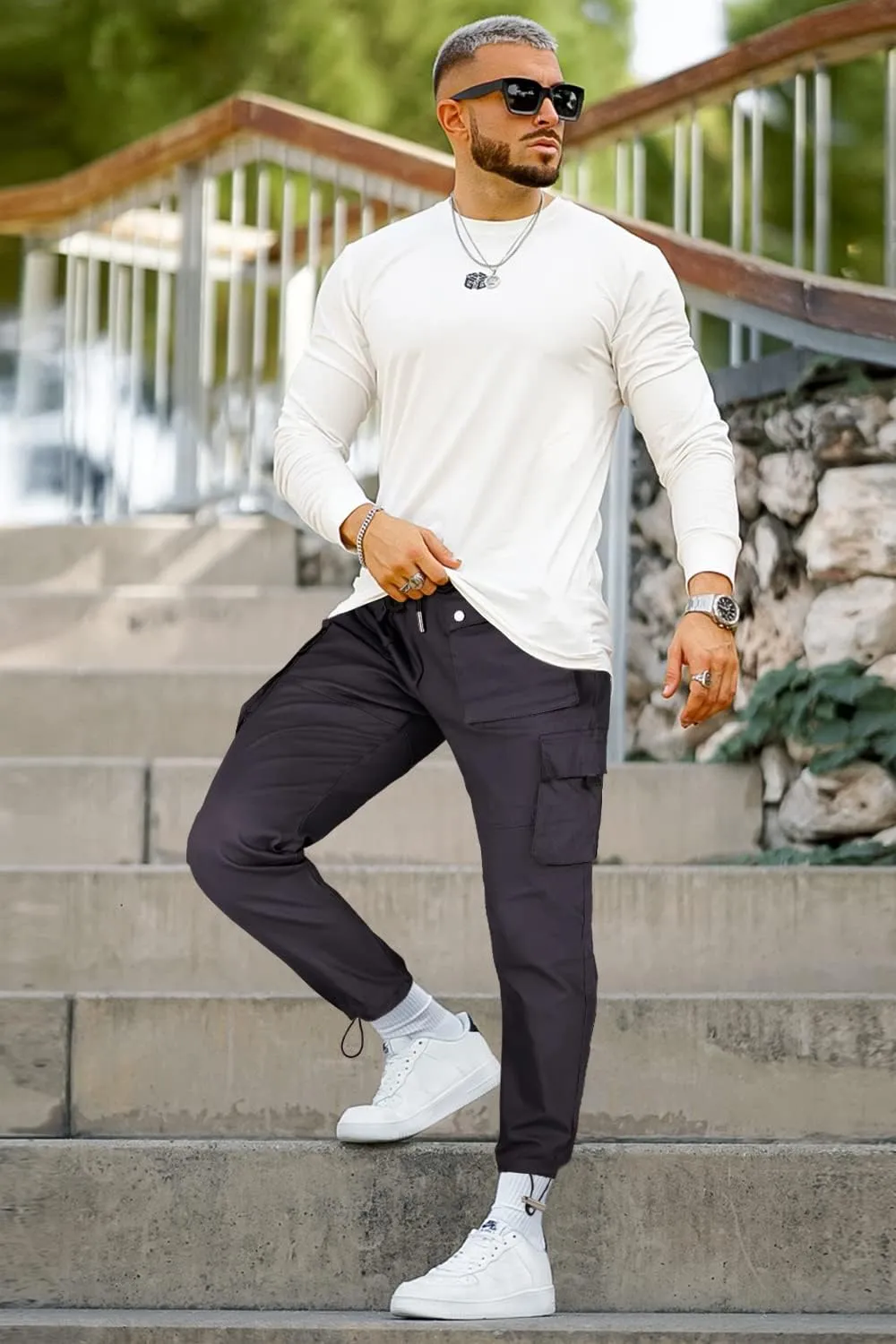GINGTTO Men's Casual Cargo Pants Elastic Waist Camo Pants Hiking Joggers
