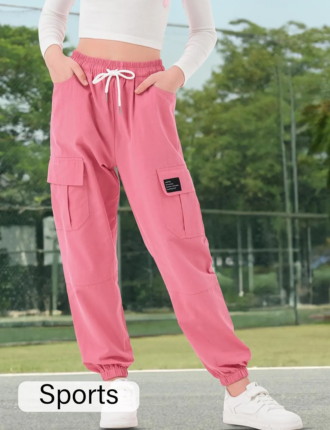 Girls Cargo Pants Elastic Waist Cargo Jogger Pants with Pockets