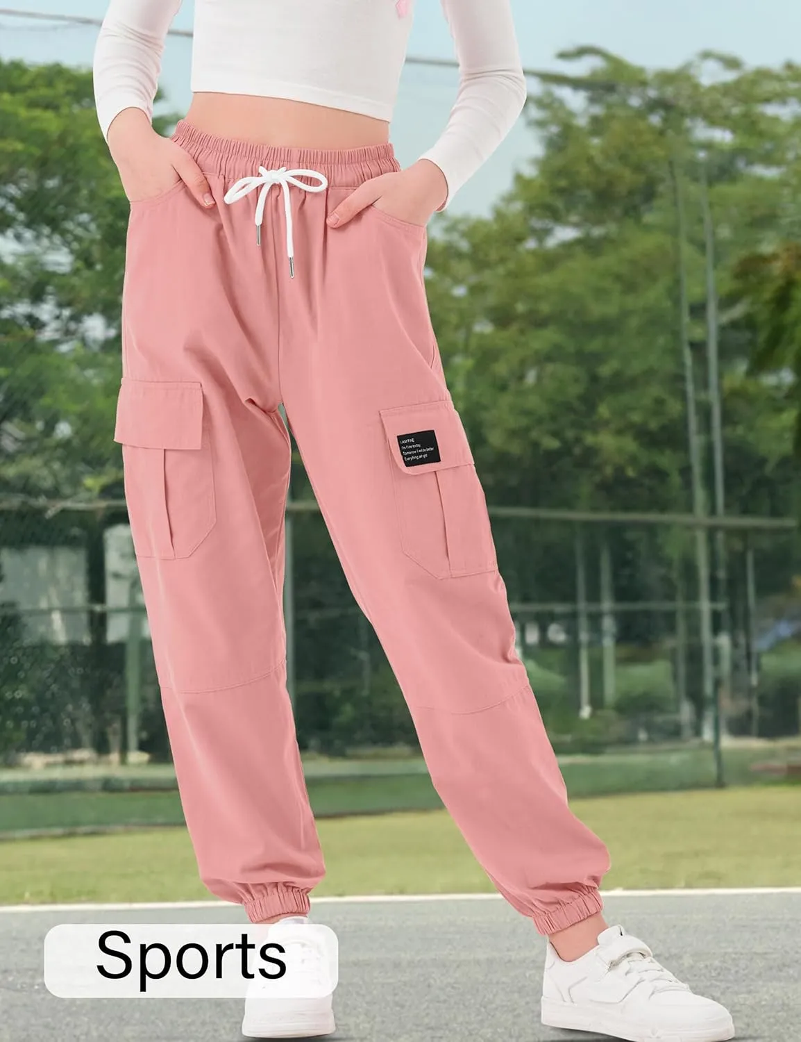 Girls Cargo Pants Elastic Waist Cargo Jogger Pants with Pockets