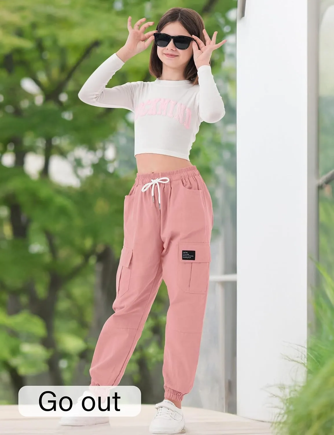 Girls Cargo Pants Elastic Waist Cargo Jogger Pants with Pockets