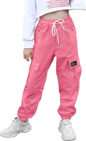 Girls Cargo Pants Elastic Waist Cargo Jogger Pants with Pockets