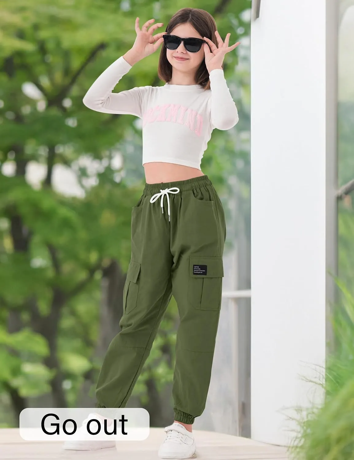 Girls Cargo Pants Elastic Waist Cargo Jogger Pants with Pockets