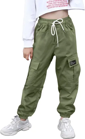 Girls Cargo Pants Elastic Waist Cargo Jogger Pants with Pockets