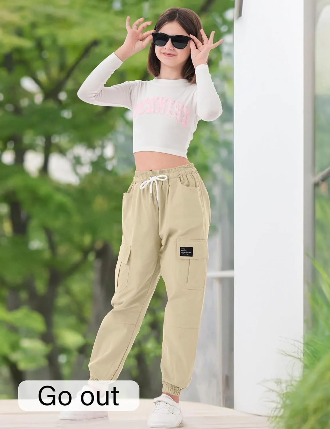 Girls Cargo Pants Elastic Waist Cargo Jogger Pants with Pockets