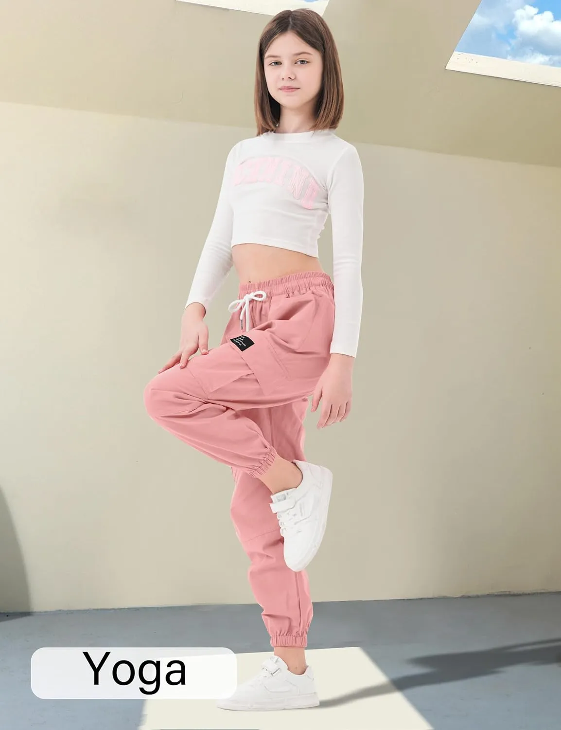 Girls Cargo Pants Elastic Waist Cargo Jogger Pants with Pockets